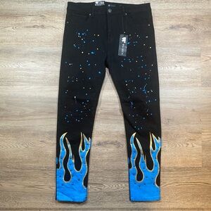 Waimea Denim Men's Jeans Black Distressed Skinny Fit Stretch Paint Blue 36x32